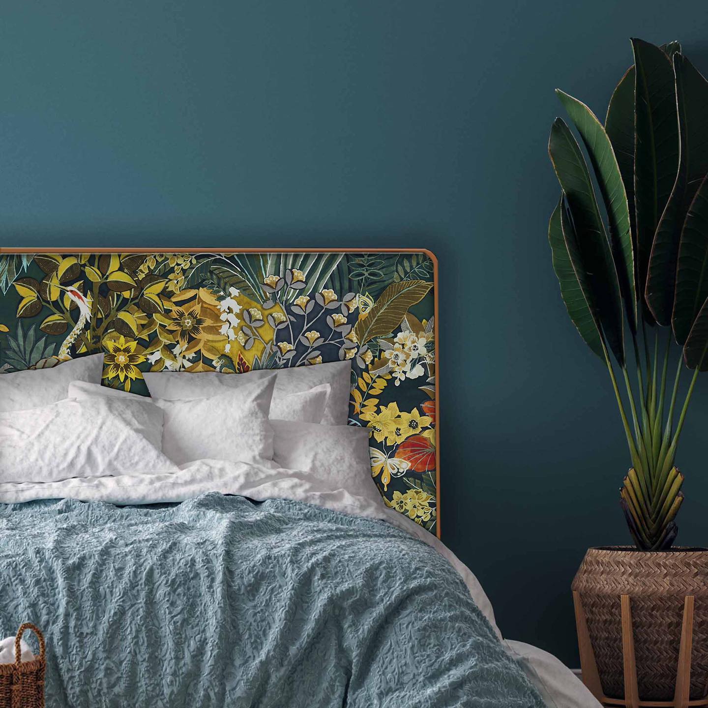 A gorgeous simple rectangle-shaped headboard, designed to be the absolute feature in the room. Upholstered in a floral velvet and piped in a contrast velvet.  NZ made. As these are made-to-order please allow 6 weeks for production.