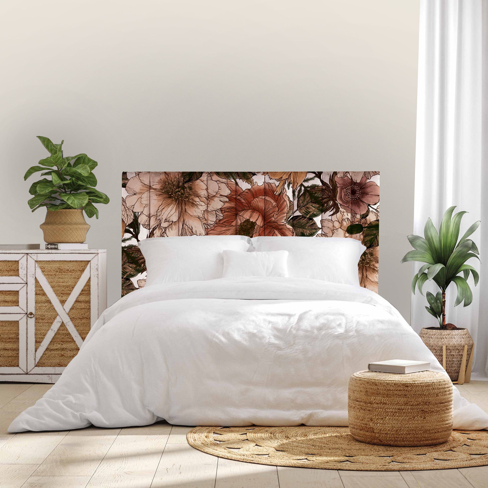 We have turned our gorgeous wallpaper; Poets of the Fall into a gorgeous printed velvet. The headboard has simple vertical stitch lines, running the height of the headboard for added detail. The result is stunning!  All our headboards are made to order in Auckland, NZ, please allow 6-8 weeks for production.