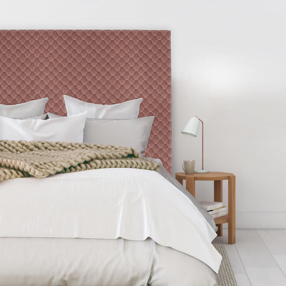 A simple and contemporary style headboard. Rectangular in shape with a textured velvet featuring a diamond stitch pattern. As these are NZ Made, please allow 6-8 weeks for production.