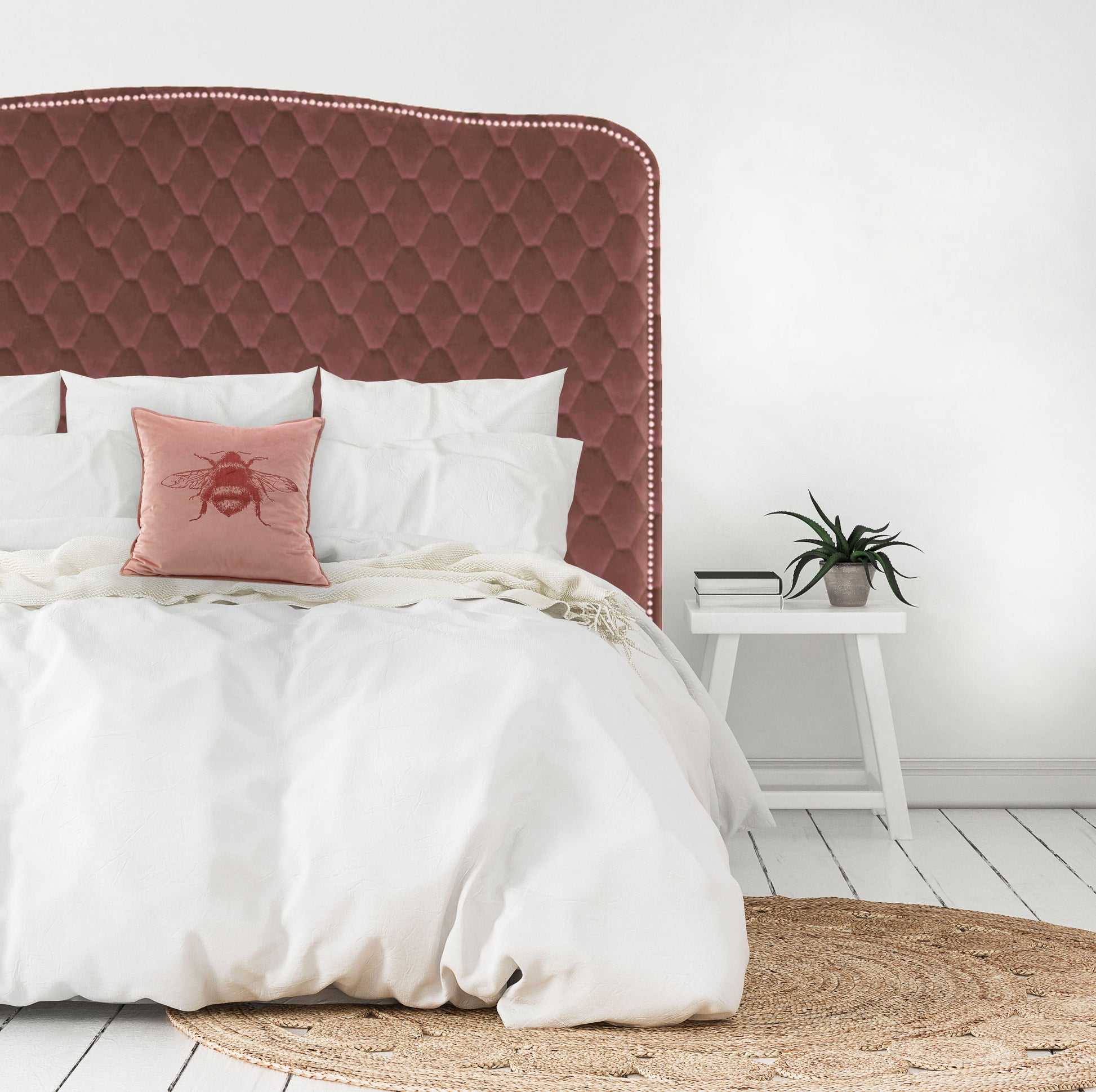 Our classic Cleveland style headboard, upholstered in a diamond stitch-patterned velvet and finished with a row of silver strip studs. NZ made, please allow 6-weeks for production.