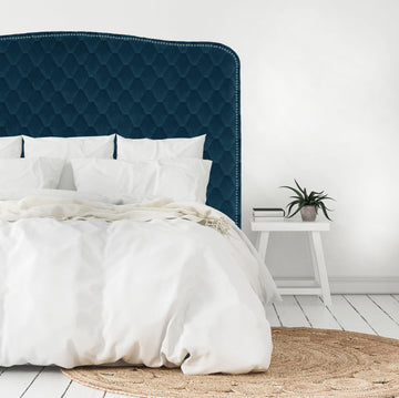 Our classic Cleveland style headboard, upholstered in a diamond stitch-patterned velvet and finished with a row of silver strip studs. NZ made, please allow 6-weeks for production.