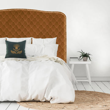 Our classic Cleveland style headboard, upholstered in a diamond stitch-patterned velvet and finished with a row of silver strip studs. NZ made, please allow 6-weeks for production.