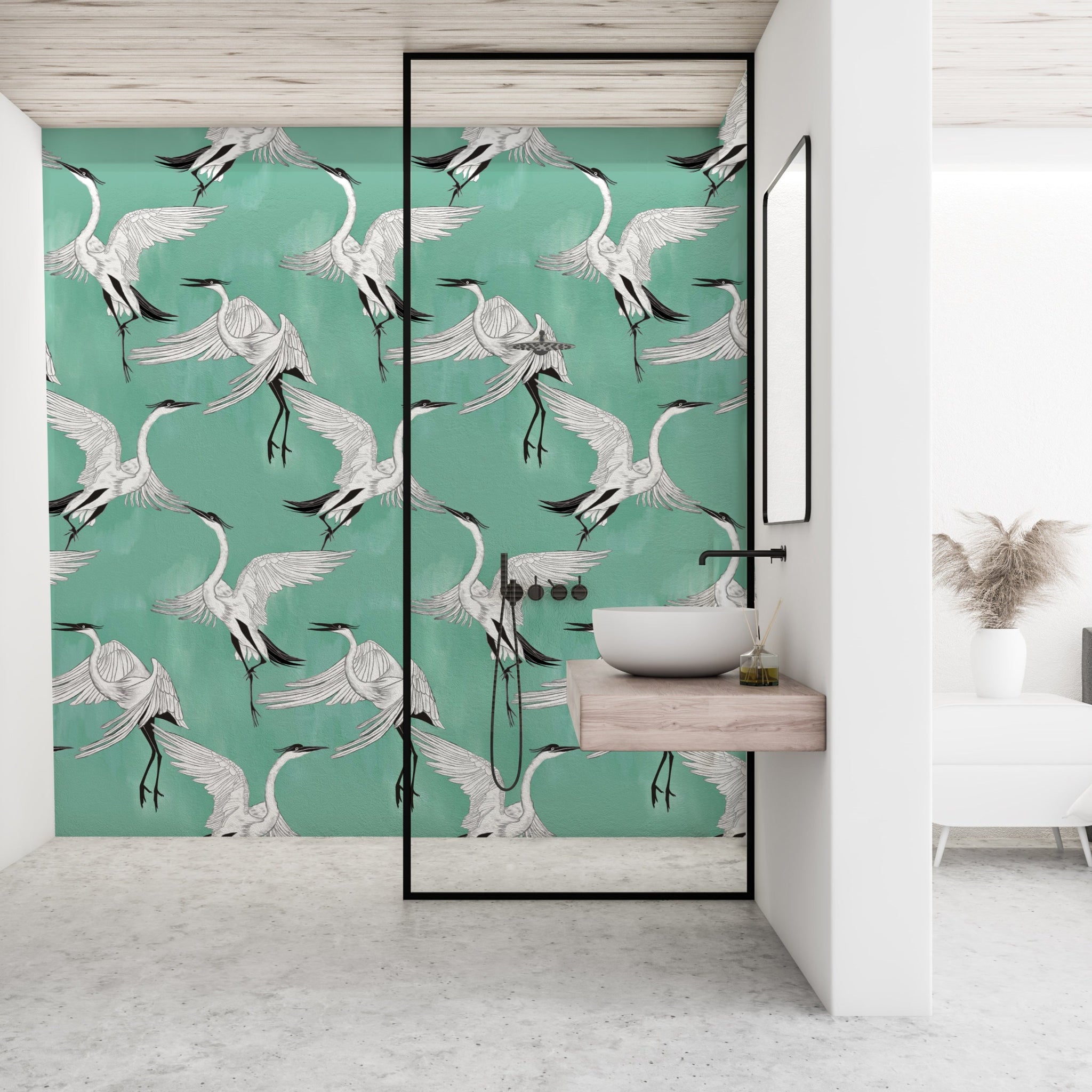 All of our wallpaper designs are now available as vinyl wallpapers for wet areas. All are printed to order here in Auckland, NZ.  130 cms in width and sold by the lineal metre.  450 gsm in weight