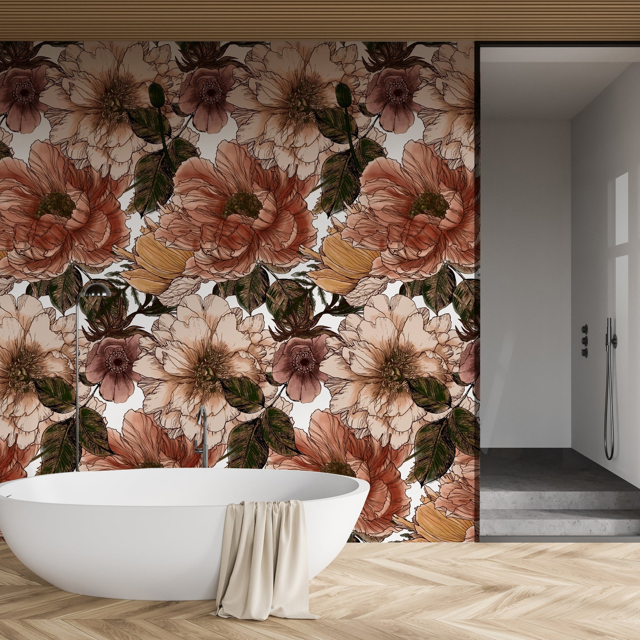 All of our wallpaper designs are now available as vinyl wallpapers for wet areas. All are printed to order here in Auckland, NZ.  130 cms in width and sold by the lineal metre.  450 gsm in weight