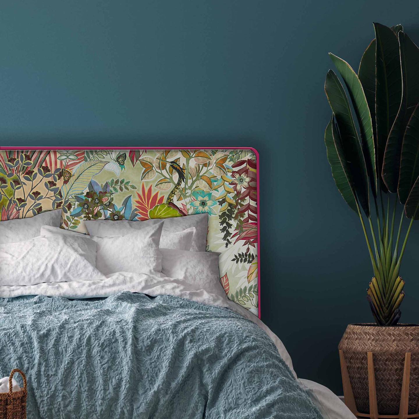 A gorgeous simple rectangle-shaped headboard, designed to be the absolute feature in the room. Upholstered in a floral velvet and piped in a contrast velvet.  NZ made. As these are made-to-order please allow 6 weeks for production.