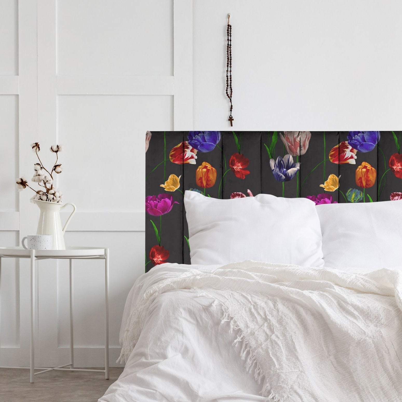 We have turned our gorgeous wallpaper; Blooming Tulips into a gorgeous printed velvet. The headboard has simple vertical stitch lines, running the height of the headboard for added detail. The result is stunning!  All our headboards are made to order in Auckland, NZ, please allow 6-8 weeks for production.