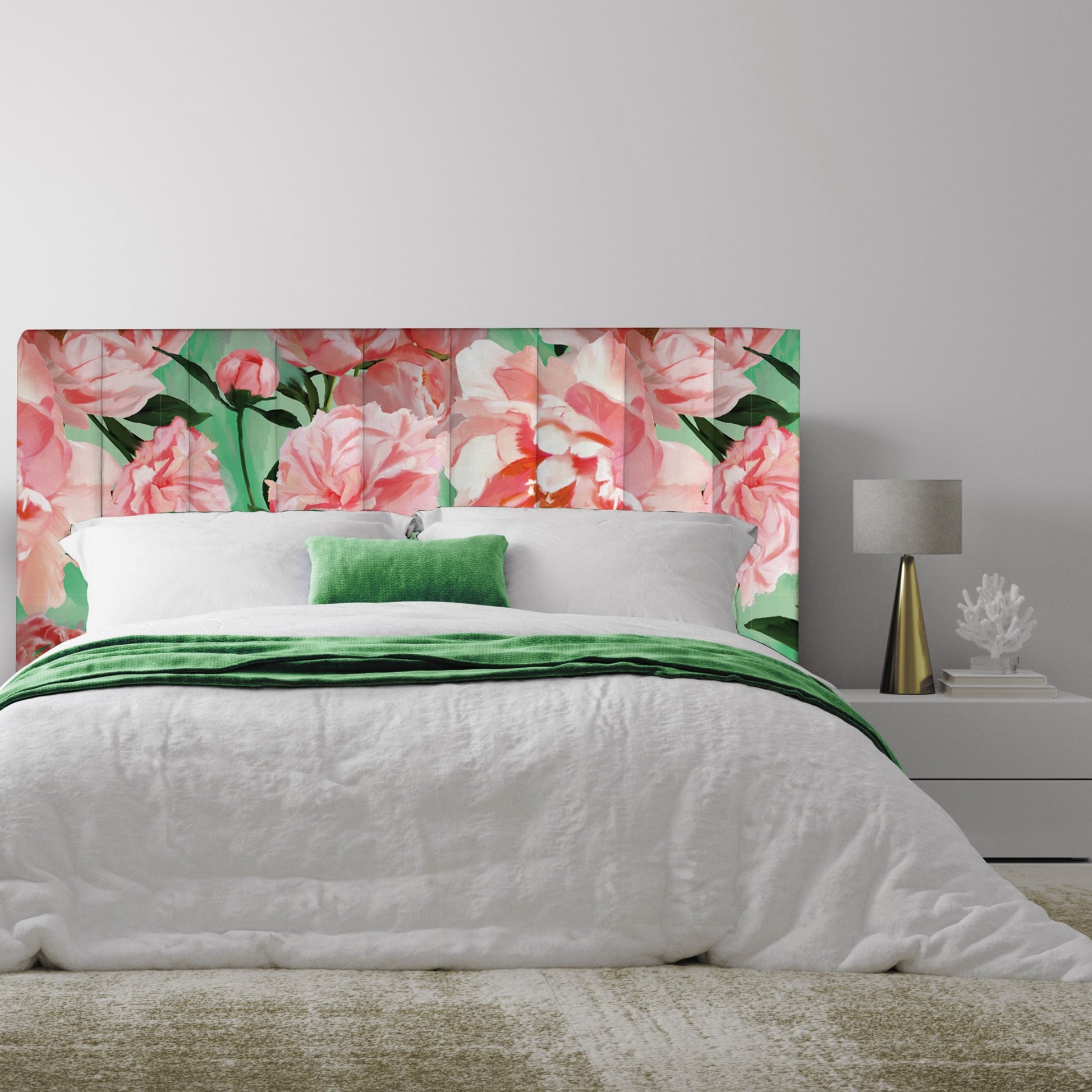 We have turned our gorgeous wallpaper; Peony Burst into a gorgeous printed velvet. The headboard has simple vertical stitch lines, running the height of the headboard for added detail. The result is stunning!  All our headboards are made to order in Auckland, NZ, please allow 6-8 weeks for production.