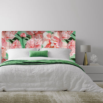 We have turned our gorgeous wallpaper; Peony Burst into a gorgeous printed velvet. The headboard has simple vertical stitch lines, running the height of the headboard for added detail. The result is stunning!  All our headboards are made to order in Auckland, NZ, please allow 6-8 weeks for production.