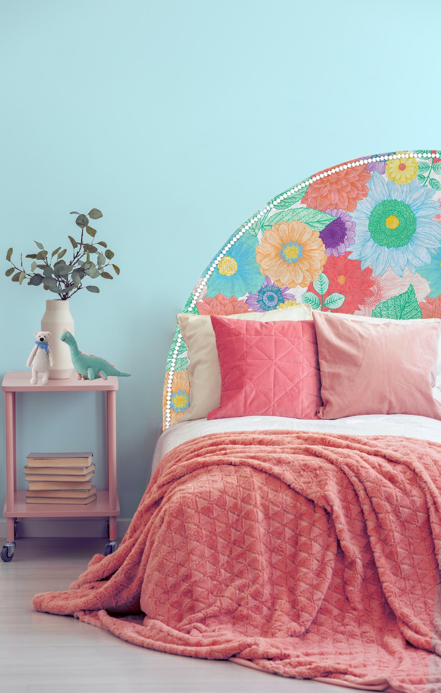 We have turned our super fun Flower Power wallpaper into a gorgeous printed velvet and used it to upholster our modern eclipse style headboard. The result is pure bedroom fun! All our headboards are made to order in Auckland, NZ, please allow 6-8 weeks for production.