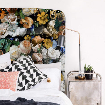 Our simple Curved Rectangle headboard has been given a boost with our bold Flower Bomb printed velvet. It is finished with a row of silver hit-and-miss studs around the edge. As these are all made to order in NZ, please allow 6-8 weeks for production.
